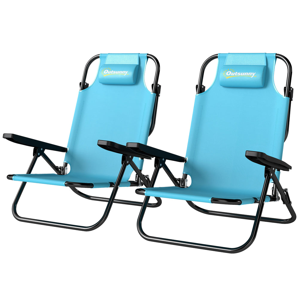 Set of 2 beach chairs, foldable and adjustable in 5 positions, with headrest and armrests, light blue.