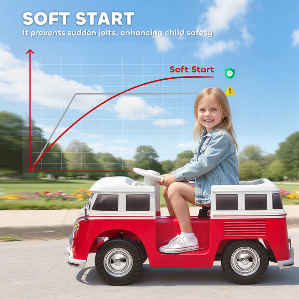 12V electric car, licensed Volkswagen T1, with dual motor and soft start, for ages 3-7, red.