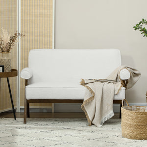 2 seater sofa in Boucle fabric with thick padding and wooden legs, cream white