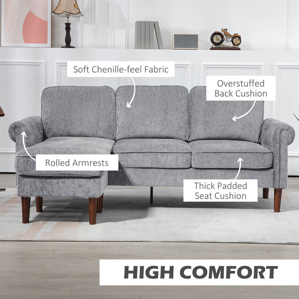 Modern corner sofa with removable chaise longue, wooden legs, gray