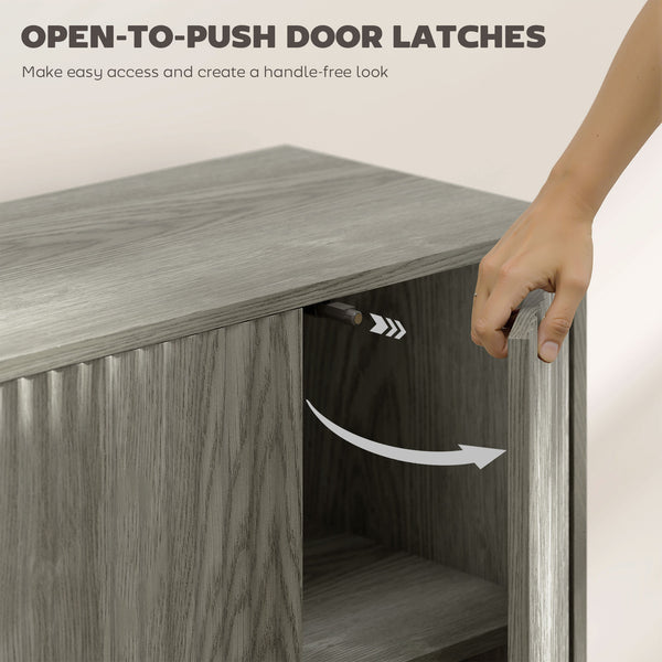 Modern light gray buffet with fluted drawers and adjustable shelves