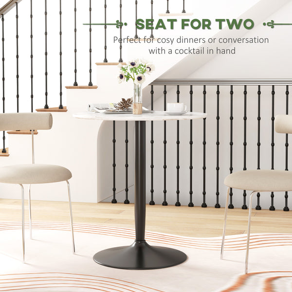 Modern kitchen table for 2, round with steel base, white marble