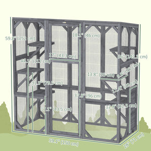 Cat enclosure with 6 jumping platforms and weatherproof roof, grey
