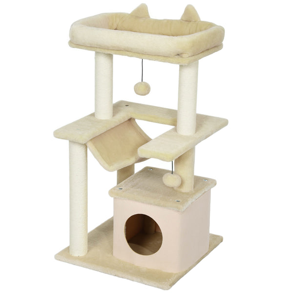 39" Multi-Level Cat Tree with Scratching Post, Hammock, Bed, Ball &amp; Toy - Beige