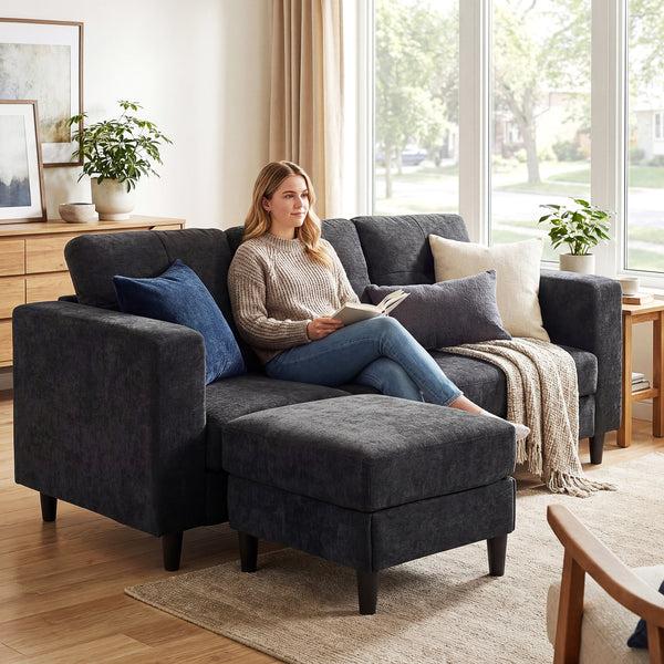 L-shaped sofa with adjustable chaise longue, wooden legs, black