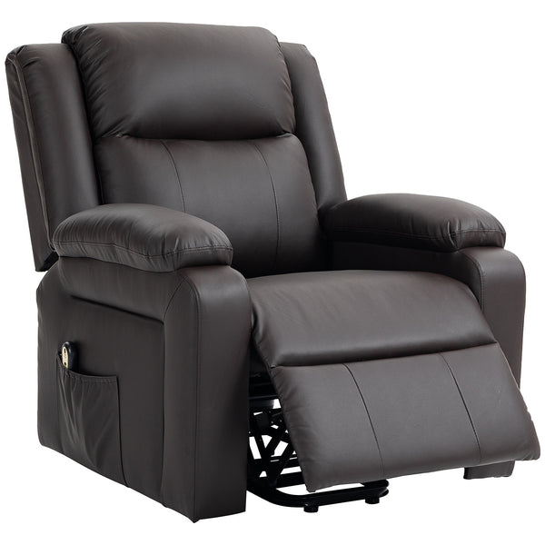 Electric lift chair in synthetic leather with remote control and side pockets, brown