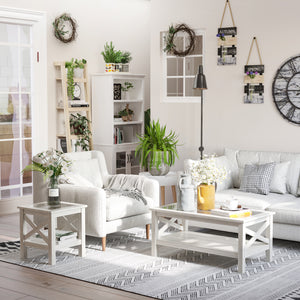 Farmhouse Style Coffee Table with Tempered Glass Top, White Oak