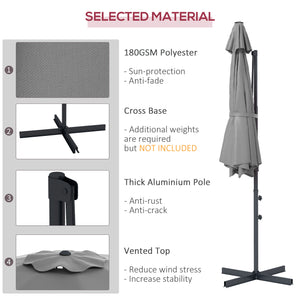 3 m offset parasol, aluminium, 360° rotating, with crank, tilting and cross base, grey