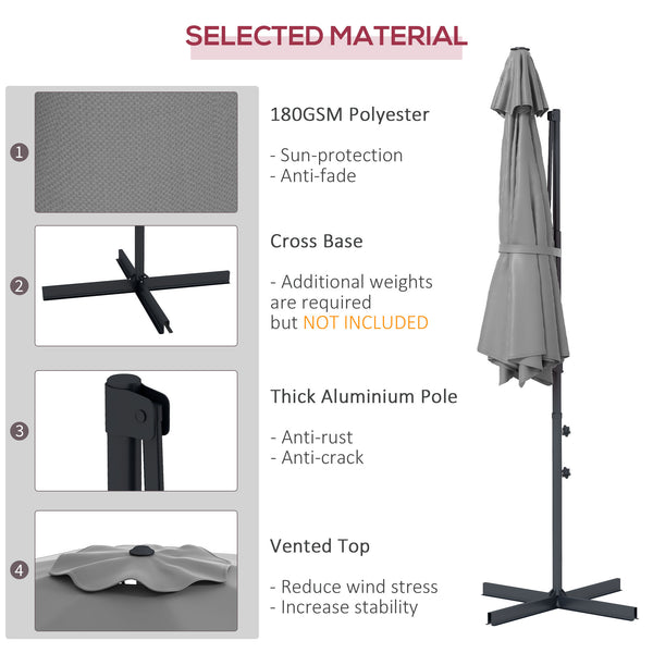 3 m offset parasol, aluminium, 360° rotating, with crank, tilting and cross base, grey