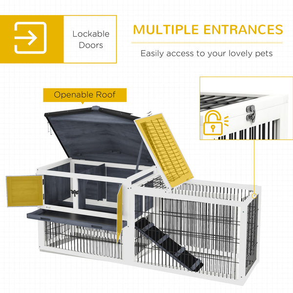Dark grey wooden hutch with ramp, opening roof and pull-out tray