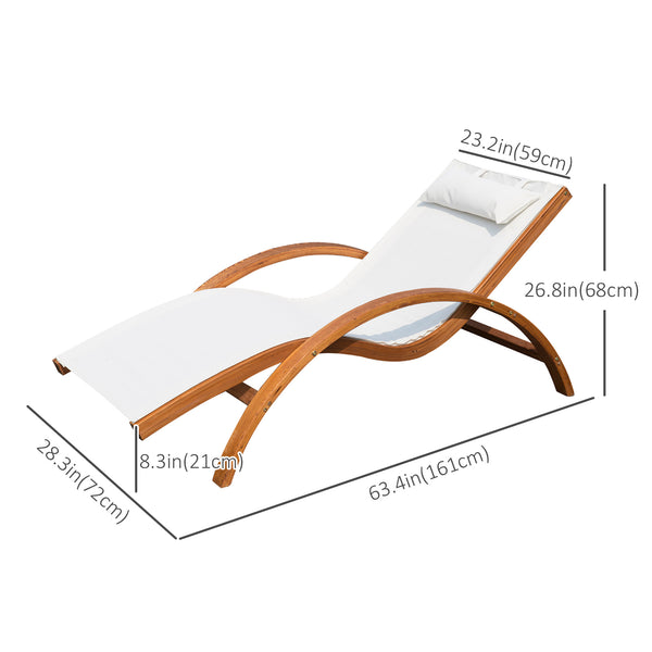 Wooden outdoor reclining lounge chair with headrest and mesh seat, cream.