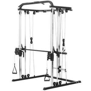 3-in-1 Squat Machine with Cable Crossover System, Pull-Up Station, 16-Level Squat Rack, and Barbell