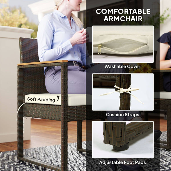 3-Piece Wicker Garden Set with Acacia Wood Table and Removable Cushions, White