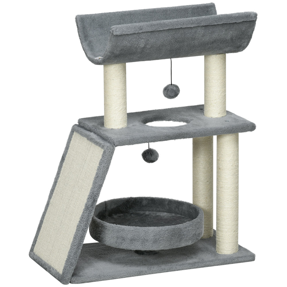 Small cat tree with perch, scratching posts, mat, bed and play balls, light gray