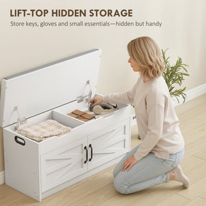 Shoe storage bench with 2-tier cabinet, hinged lid, padded cushion for hallway, white