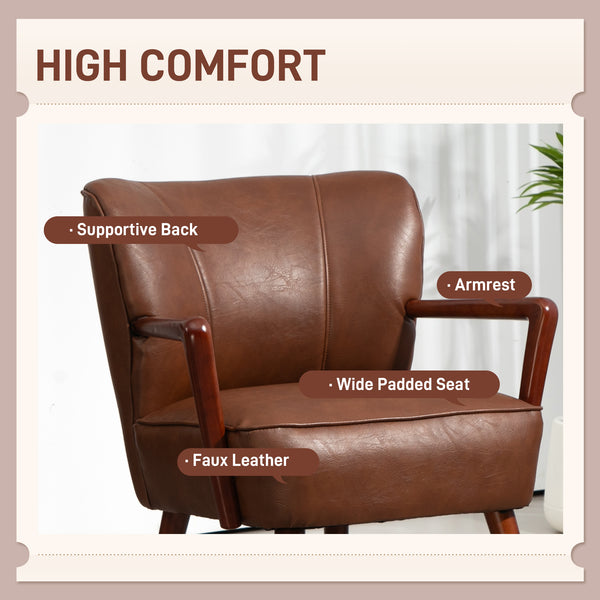 Modern upholstered armchair in faux leather with wooden legs and wide padded seat, brown
