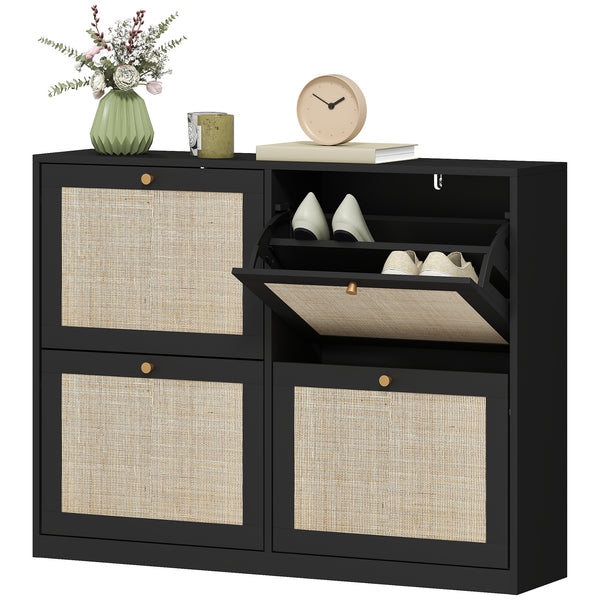 Rattan shoe cabinet with 4 drop-down drawers and adjustable shelves for 20 pairs, black