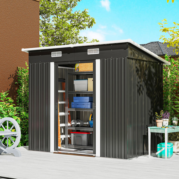 Black metal garden shed, 2.13 m x 1.22 m, lockable, for tools and other storage.