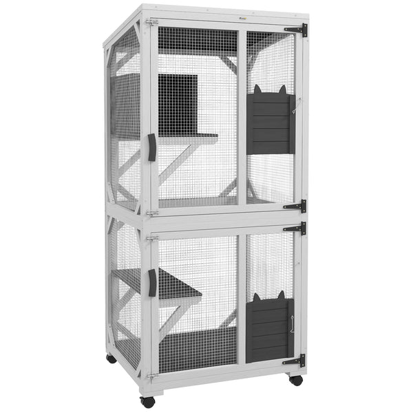 Elevated enclosure with wheels, water-resistant, white and grey