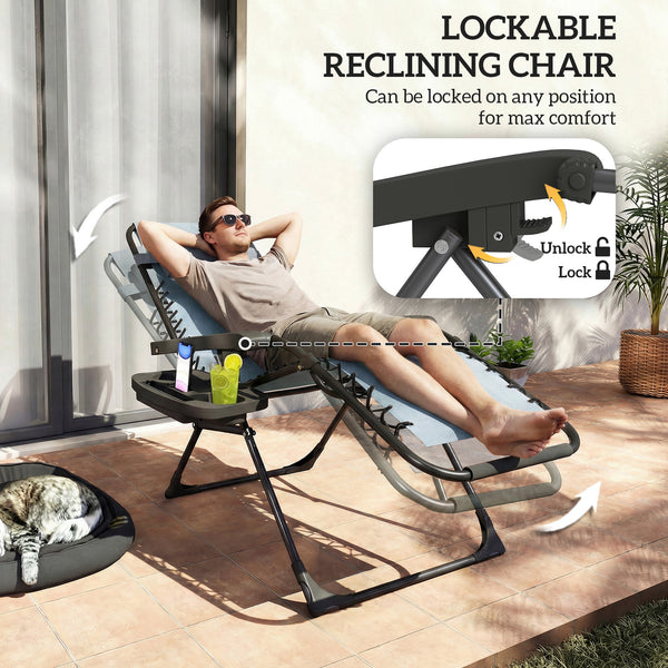 Set of 2 Zero Gravity Outdoor Lounge Chairs, Folding and Reclining, with Cup Holder and Headrest, Light Grey