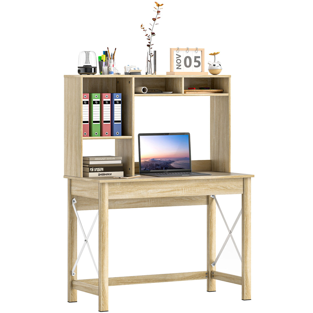 Computer desk with shelf, storage and compartments