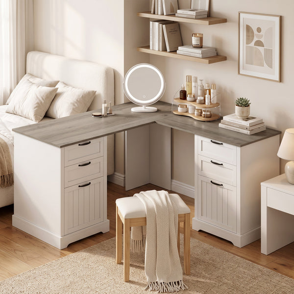L-shaped desk with 6 drawers with outlets and USB, white and brown