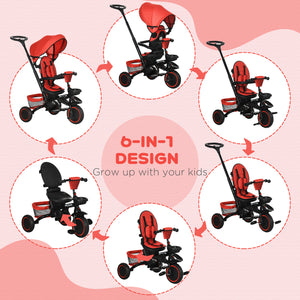 6-in-1 Folding Tricycle with Adjustable Seat, Safety Harness, Removable Canopy, Red