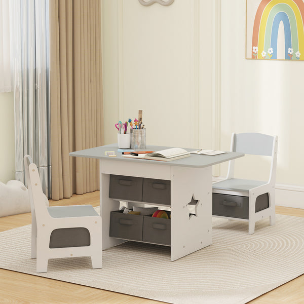 3-piece table and chair set with 6 removable drawers, light gray