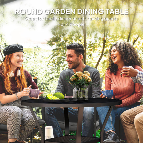 35.5" Round Outdoor Dining Table for 4, Metal Garden Patio Table with 1.6"-2" Umbrella Hole, Shelf, Slatted Top, Black
