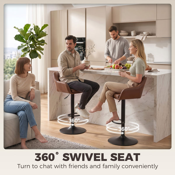 Faux Leather Bar Stools, Adjustable and Swivel, with Backrest, Set of 2, Brown