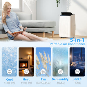 14,000 BTU 5-in-1 Portable Air Conditioner with Cooling, Heating, Dehumidifying, Fan, Sleep Mode, Wi-Fi Voice Control, White