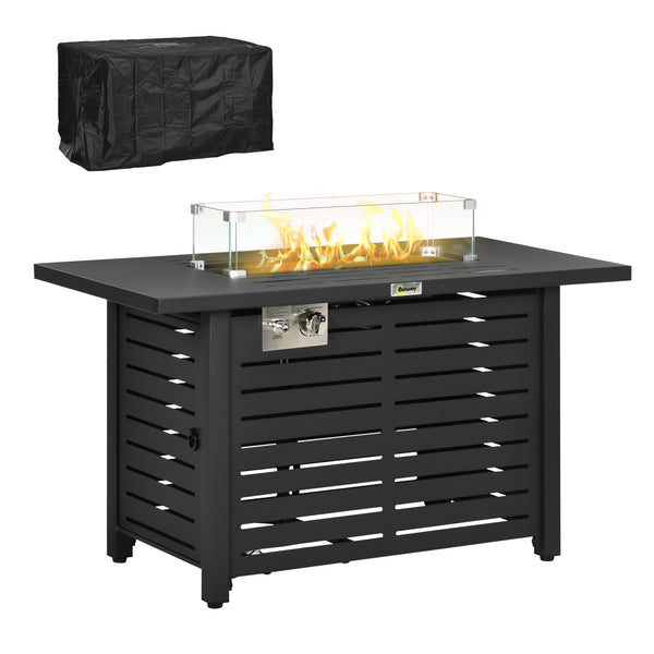 Outdoor propane gas fire pit with steel tray and lid and glass windscreen
