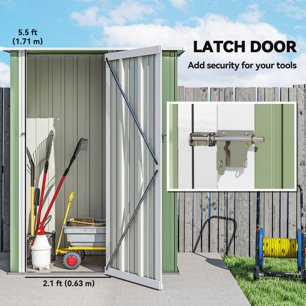 Metal garden shed with sloping roof and lockable door for tools, light green