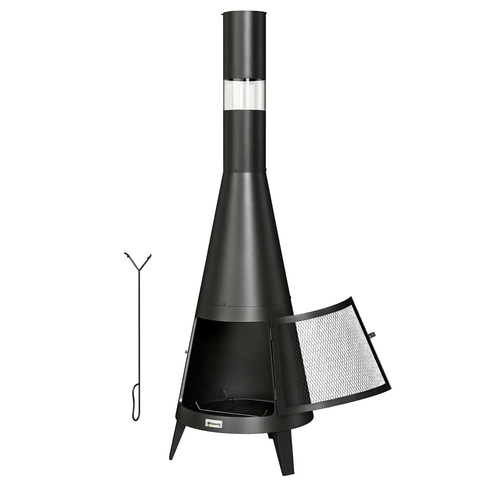 Outdoor wood-burning fire pit with chimney, poker, and spark screen, black
