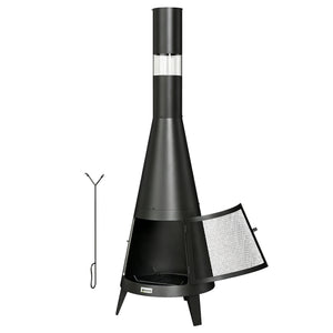 Outdoor wood-burning fire pit with chimney, poker, and spark screen, black