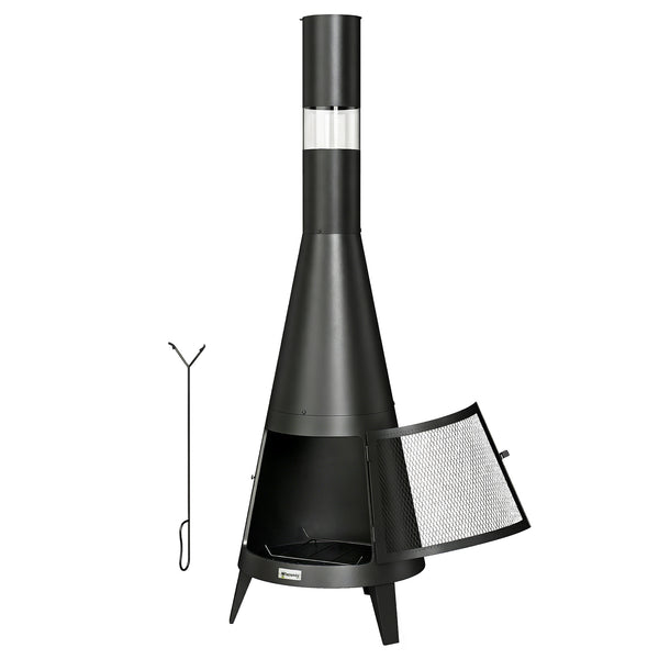Outdoor wood-burning fire pit with chimney, poker, and spark screen, black