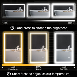 Bathroom mirror with LED lighting, anti-fog coating and touch button 