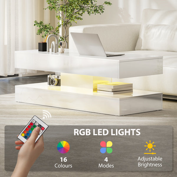 Coffee table with adjustable LED lighting and 2 drawers, glossy white