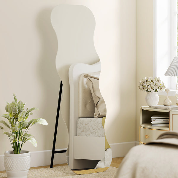 Irregular Wavy Frameless Full Length Mirror with Pine Base, Black