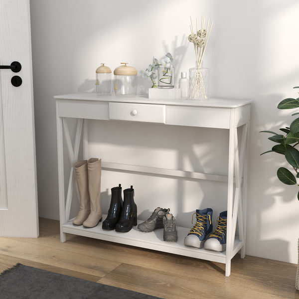 2-Tier Narrow Console Table with Storage Shelf, White
