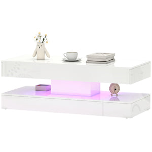 Coffee table with adjustable LED lighting and 2 drawers, glossy white