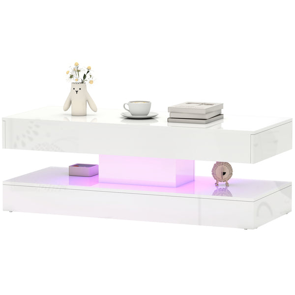 Coffee table with adjustable LED lighting and 2 drawers, glossy white