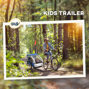 2-seater bicycle trailer with sturdy steel frame, 5-point safety harness, blue
