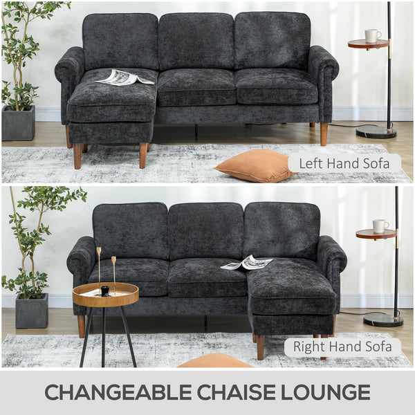 Modern corner sofa with removable chaise longue, wooden legs, black