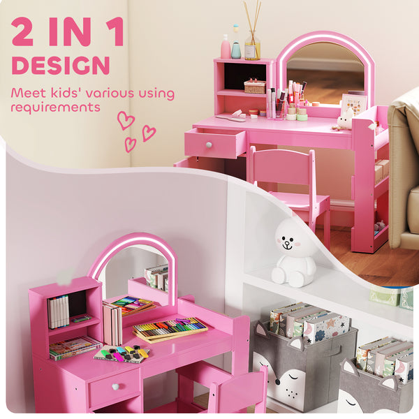 Dressing table and chair set with illuminated mirror, cabinet, drawer and shelves, pink