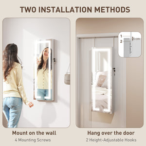 Jewelry cabinet with LED lighting and mirror, wall mounted, white