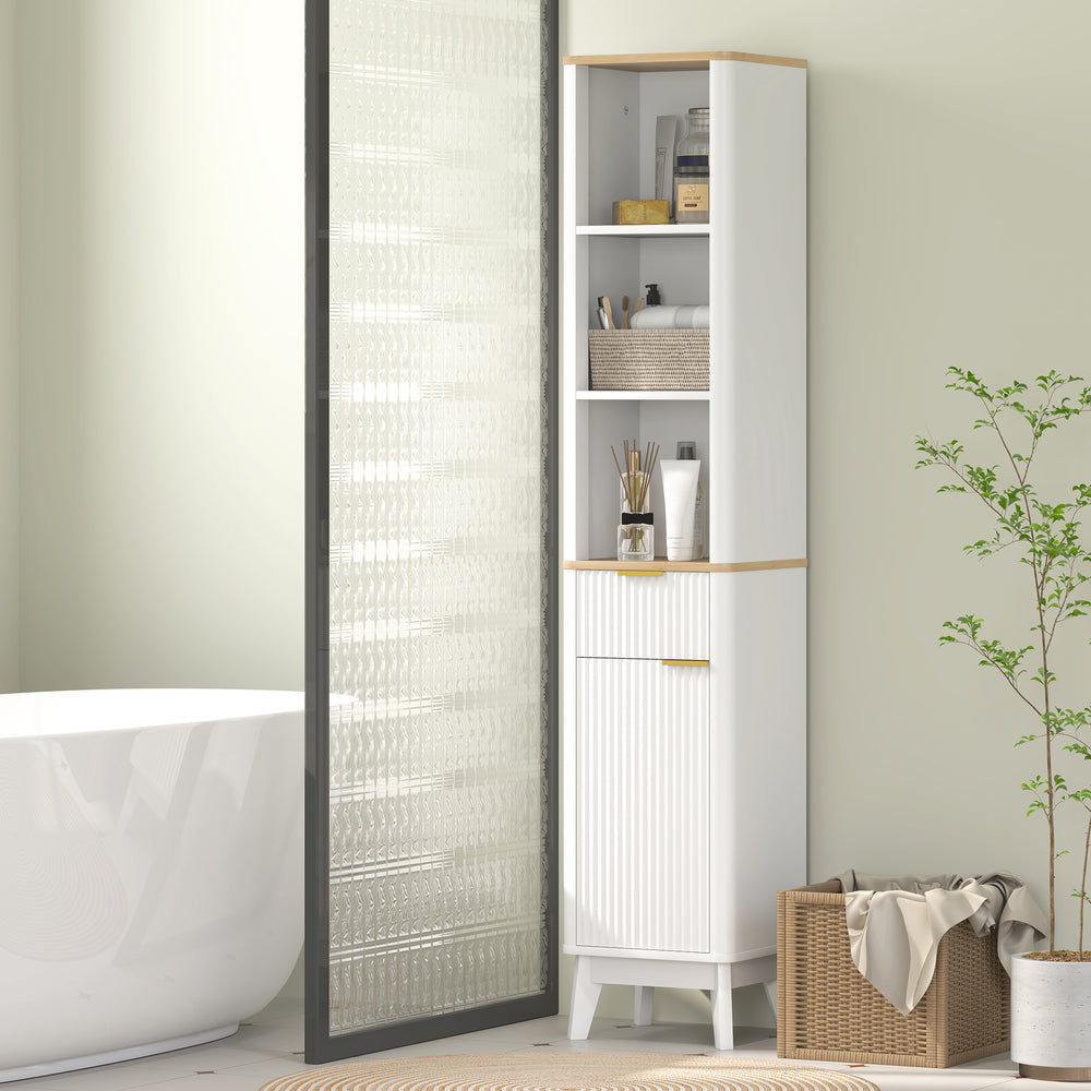 170 cm high, narrow bathroom cabinet with 3 open shelves, drawer and 2 adjustable shelves, white 