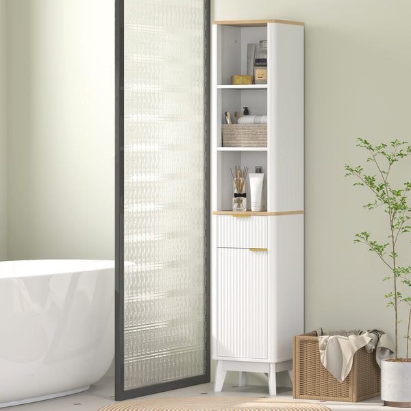 170 cm high, narrow bathroom cabinet with 3 open shelves, drawer and 2 adjustable shelves, white 