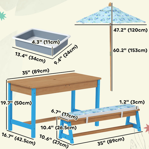 Kids Picnic Table and Bench Set with Removable Umbrella, Blue