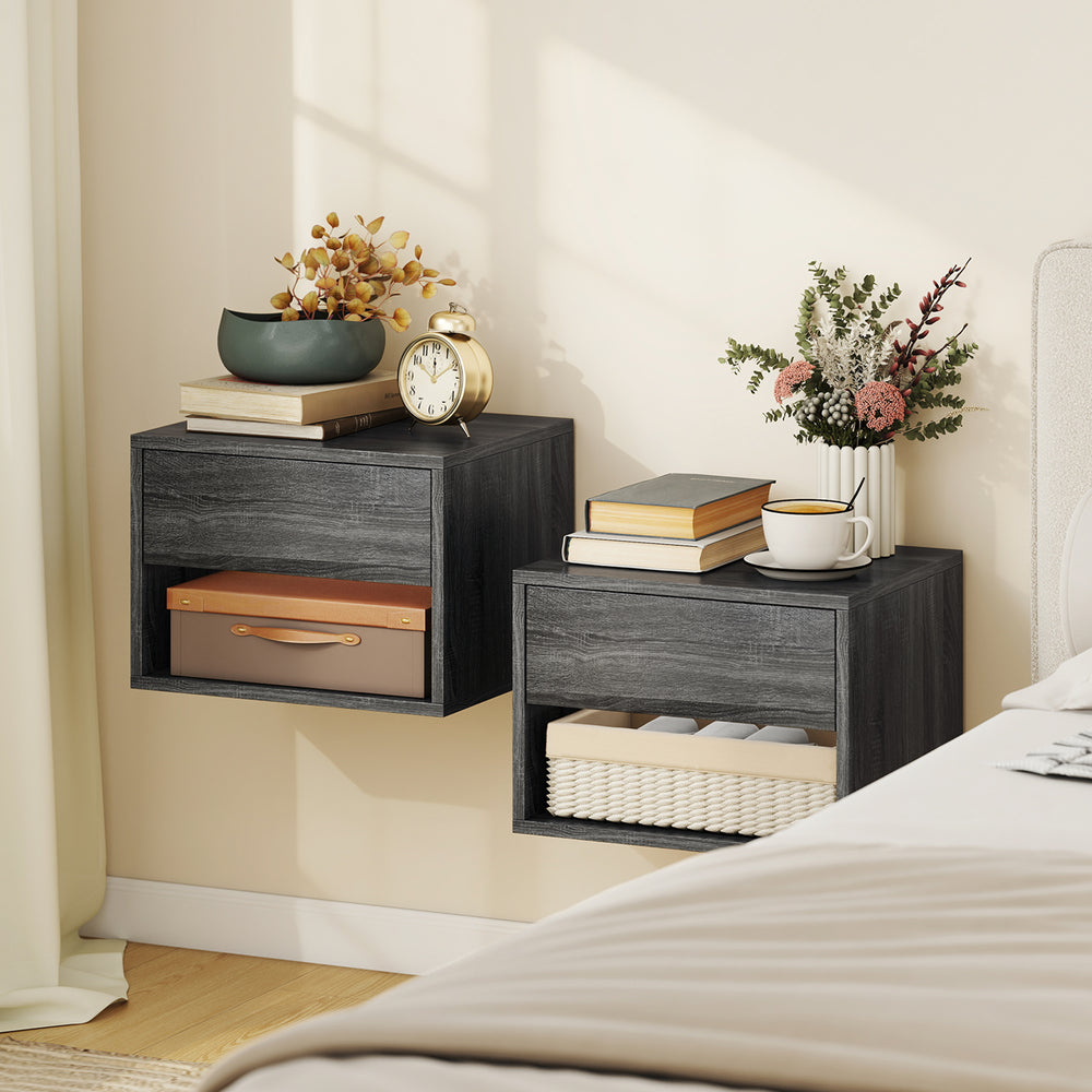 Set of 2 floating nightstands with drawer and open shelf – Gray